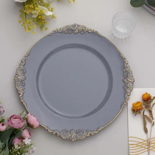 Miniatura 12 de Tableclothsfactory Paquete de 6 platos barrocos redondos de oro transparente de 13 pulgadas, borde en relieve de hojas para decoración de mesa