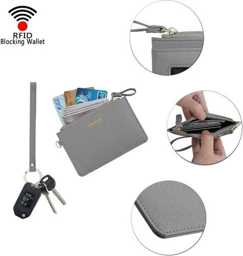 Miniatura 5 de Aiyo Nice Funda delgada para tarjetas RFID para mujer, cartera con cremallera, cartera de piel pequeña, monedero con llavero