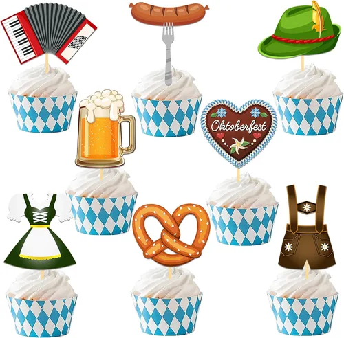 Miniatura 6 de 24 adornos para cupcakes con purpurina para el Oktoberfest, decoración para tartas del día de la cerveza, para festivales bávaros para suministros