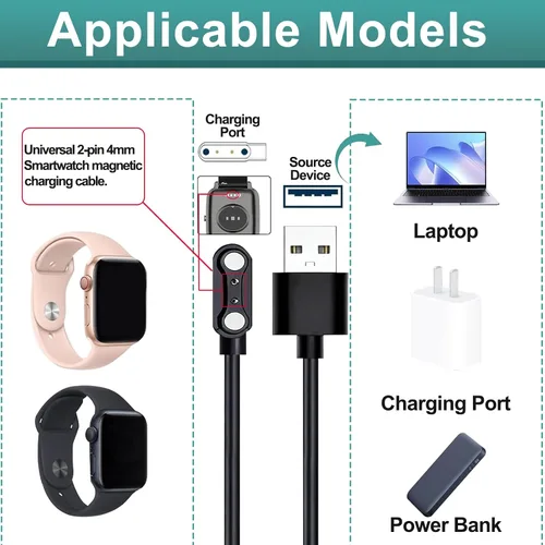Miniatura 3 de 2 cargadores universales de reloj inteligente, cable de carga USB magnético de 2 pines de 0.157 in, cable de carga de repuesto universal para reloj