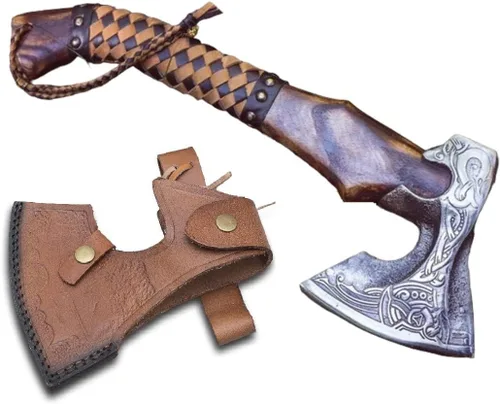 Miniatura 11 de Hacha vikinga forjada a mano de 19 pulgadas, eje de madera de rosa, hacha barbuda de acero al carbono grabada para acampar, regalo vikingo para HACA