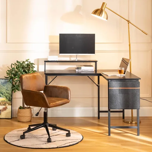 Miniatura 7 de FurnitureR Escritorio para computadora en forma de L de 48.8 pulgadas con bolsa de almacenamiento y luz LED, espaciosa estación de trabajo