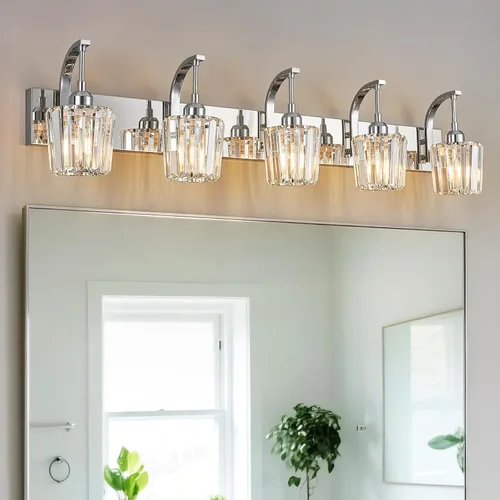 Miniatura 27 de Luces de tocador de cristal de 3 luces negras para tocador de baño, modernas lámparas de baño de cristal sobre espejo de 23.62 pulgadas de largo
