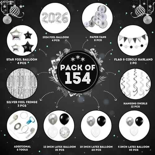 Miniatura 2 de KatchOn, Enormes suministros para fiesta de Nochevieja 2026 – Paquete enorme de 154 Telón de fondo de flecos plateados Globos 2026 Globos
