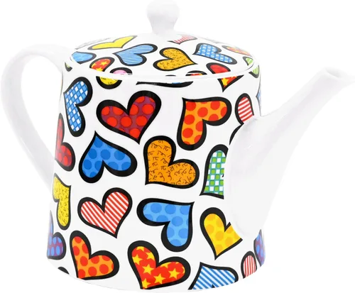 Romero BRITTO - Olla de café y té de porcelana de hueso, 28.7 onzas, corazones, diseño de ilustraciones felices