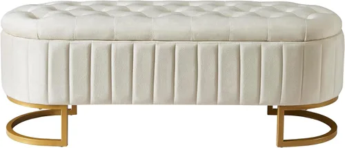 Miniatura 7 de Polibi Elegante otomana tapizada de terciopelo con botones, banco de almacenamiento con patas de metal para dormitorio, sala de estar, entrada, Beige