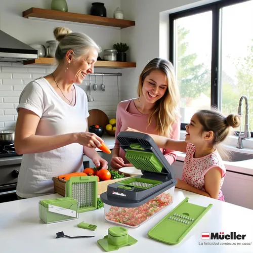 Miniatura 9 de Mueller Pro-Series 10 en 1, picadora de verduras de 8 cuchillas, picador de cebollas, cortador, picador, rebanador de huevos con recipiente