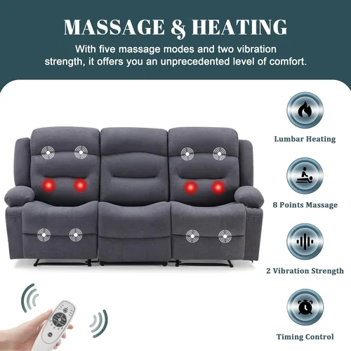 Miniatura 6 de Sofá reclinable extragrande con calor y masaje, sofá reclinable RV grande de 3 plazas para sala de estar, sofá reclinable de pared con portavasos