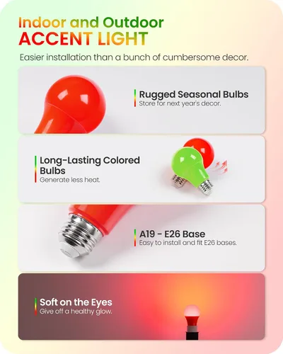 Miniatura 6 de Bombilla roja y verde, bombilla LED de color de 9 W (equivalente a 60 W), base E26, bombillas rojas de Navidad para camino, porche, Halloween