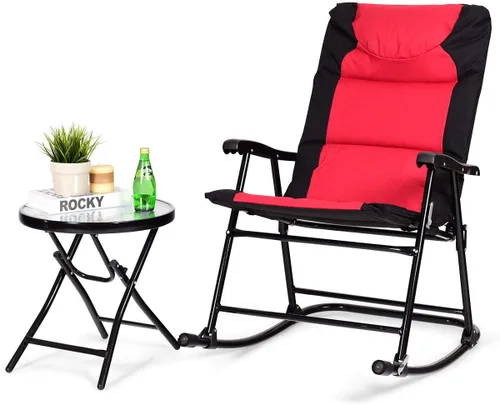 Miniatura 9 de Giantex Juego de 3 mecedoras plegables para patio al aire libre, juego de 2 mecedoras con mesa auxiliar de cristal para patio, terraza, asiento