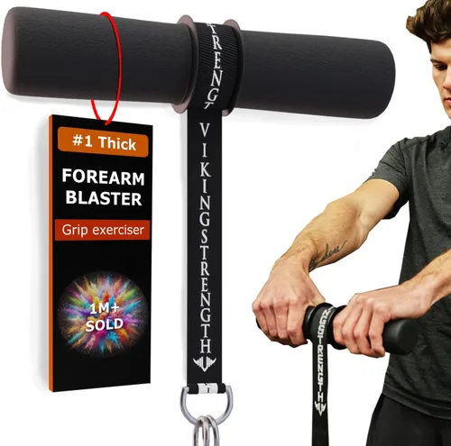Vikingstrength Fortalecedor de antebrazo con mangos gruesos patentados - Rodillo de muñeca para ejercicio de antebrazo, fuerza de agarre y