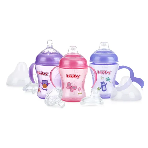 Miniatura 6 de Nuby Enfermera de 3 etapas antigoteo con cuello ancho, botella a taza para sorber, paquete de 3, 11 onzas, más de 3 meses