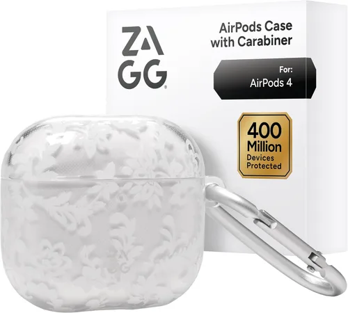 ZAGG Funda con mosquetón para AirPods 4 – Funda protectora compatible con carga inalámbrica – Protección contra caídas de 360°, polvo y arañazos,