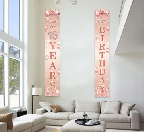 Miniatura 5 de COOSOAR Pancarta de oro rosa con texto en inglés "Happy Birthday" con texto en inglés "Cheers to 15 años" para decoración temática de globos