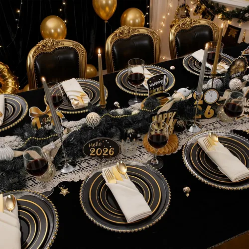 Miniatura 3 de 350 piezas de platos de plástico negro y dorado con cubiertos desechables, incluye 50 platos de cena de 9 pulgadas, 50 platos de postre de 6.3