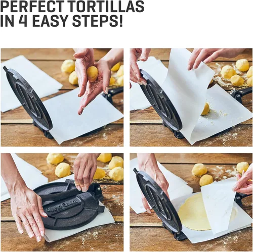 Miniatura 6 de Uno Casa Prensa de tortilla de hierro fundido de 8 pulgadas con calentador de tortillas - Paquete de preparador pre-sazonado para quesadillas, roti