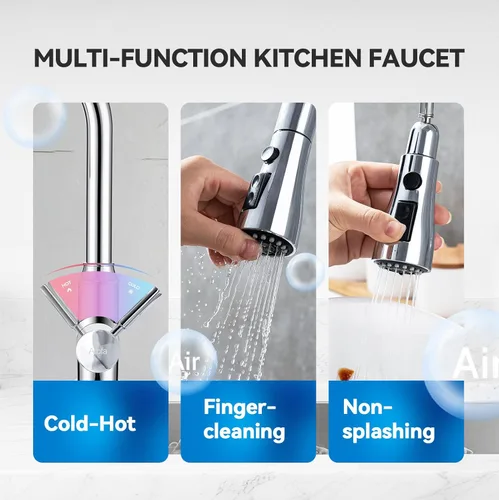 Miniatura 8 de Grifos de cocina con rociador extraíble, grifos para fregaderos de cocina, grifo de cocina cromado, mango único de acero inoxidable, 1 o 3 agujeros