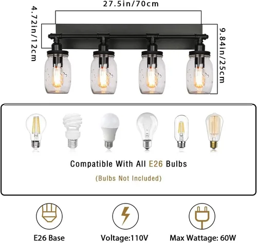 Miniatura 3 de Lámparas de tocador de baño, apliques de pared industriales negros vintage con persianas de cristal Mason Jar (4 luces)
