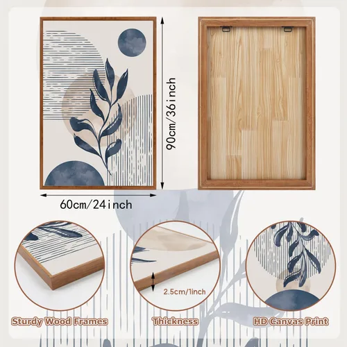 Miniatura 2 de KAIRNE Juego de Arte de Pared de Plantas Boho de 3 Piezas, Lienzo Enmarcado Bohemio Azul, Pintura de Pared de Líneas Geométricas Abstractas, Arte