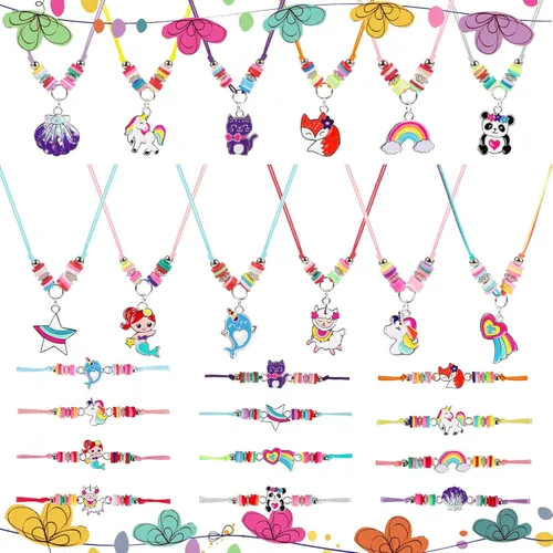 Miniatura 8 de MJartoria Juego de 24 pulseras y collares tejidos de amistad para niñas con dije de panda de unicornio, joyería de amistad, regalo de unicornio
