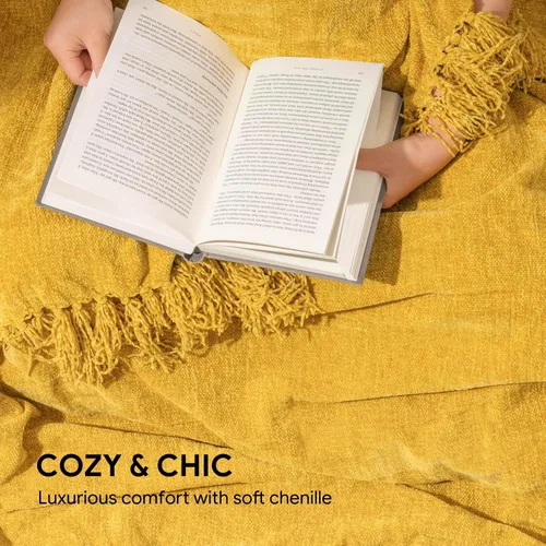Miniatura 3 de RECYCO Manta Suave y Acogedora de Chenilla con Flecos de Borlas para Sofá, Sillón, Cama, Sala de Estar, Regalo (Amarillo Mostaza, 50'' x 60'')
