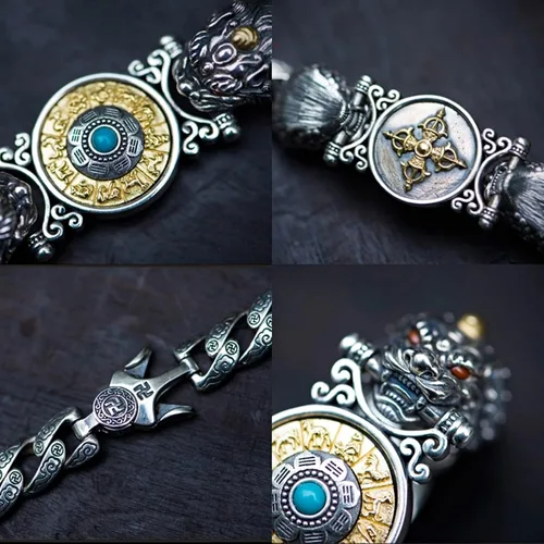 Miniatura 3 de Atraer la riqueza dinero y buena suerte, rueda de oración tibetana + mantra OM + pulsera Vajra Pestle, pulsera giratoria de plata de ley S925 Feng