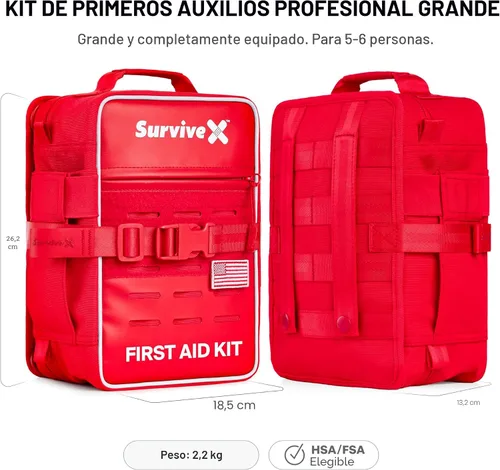 Miniatura 2 de SurviveX Kit de primeros auxilios profesional grande para automóvil, viajes y hogar, kit de emergencia para senderismo, camping, mochilero y al aire