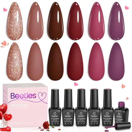 Miniatura 23 de Beetles - Esmalte de uñas de gel rojo, 6 colores, colección Marvelous Lady, esmalte de uñas con purpurina burdeos, nude, rojo brillante, diseño