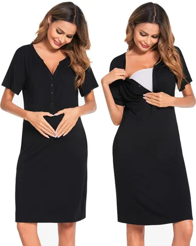 Ekouaer Camisón de enfermería a rayas para mujer, manga corta, vestido de dormir para lactancia materna, partobata de trabajo