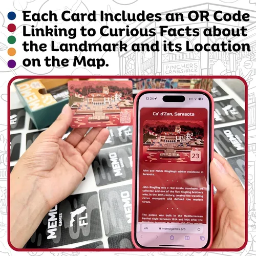 Miniatura 5 de MEMO Florida Landmarks - Juego de cartas de memoria para adultos, niños y adolescentes - Juego educativo de viaje familiar con 50 cartas y datos QR