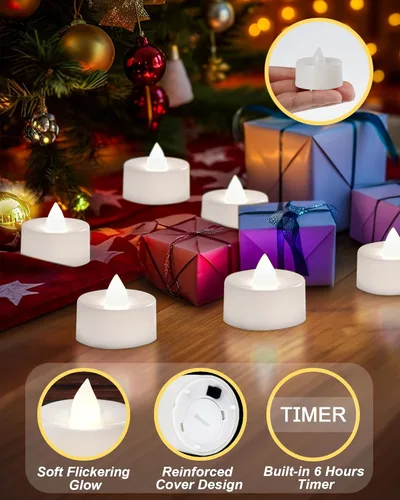 Miniatura 3 de BEICHI Paquete de 24 Velas de Té con Temporizador, Velas LED Operadas a Batería, Vela Votiva Sin Llama Integrada de 6 Horas, Velas Votivas