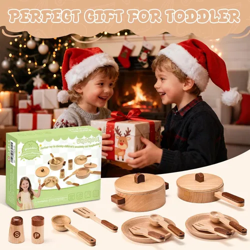 Miniatura 6 de WHOHOLL Juego de cocina de madera con platos y platos, juguetes de cocina para niños de 3, 4, 5, 6, accesorios de cocina Montessori, incluyendo
