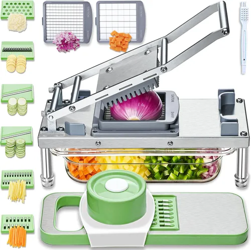 Cortador de verduras todo en uno con 8 cuchillas - Cortador de mandolina - Cortador de alimentos profesional con recipiente - Cortador de cebolla
