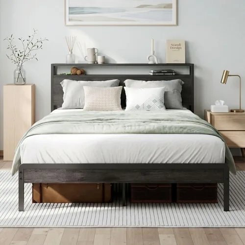 Miniatura 11 de LIKIMIO Marco de Cama King con Cabecero, Marco de Cama King de Madera Oscura con Soportes Fuertes, Resistente, Sin Ruido, No Necesita Somier, Nogal