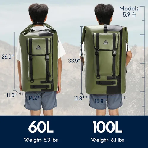 Miniatura 6 de Haimont Mochila enrollable 100% impermeable de gran capacidad IPX7, bolsa seca con bolsillos y válvula de aire, kayak, campamento, 60/100L