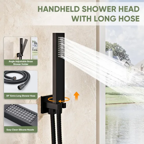 Miniatura 5 de Kurpot Sistema de ducha negro, juego de grifo de ducha montado en la pared con válvula, cabezal de ducha de lluvia de 10 pulgadas con rociador Negro