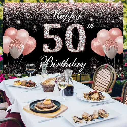 Miniatura 4 de Fondo de pancarta de cumpleaños 50, decoraciones de feliz cumpleaños 50 para mujer, oro rosa, fabuloso cumpleaños de 50 años, letrero de patio