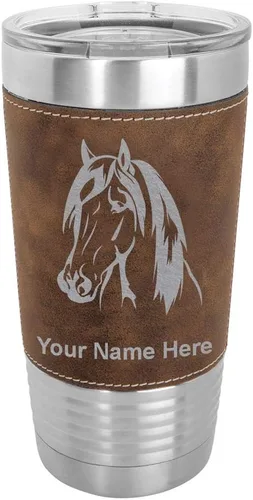 LaserGram Vaso aislado al vacío de 20 onzas, cabeza de caballo 1, grabado personalizado incluido (cuero sintético, rústico)