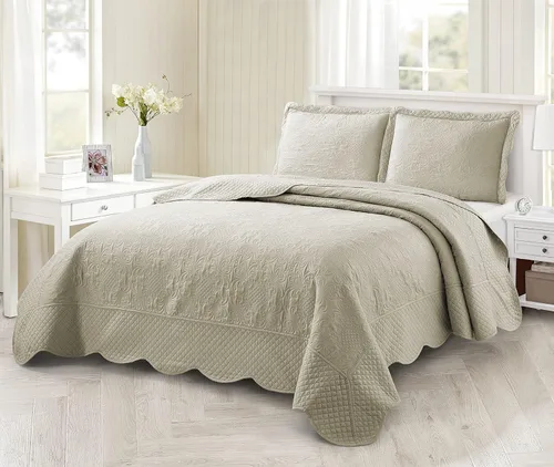 BOREA home collection Juego de colcha ultrasónica de 3 piezas tamaño Queen, juego de cubrecama color crema, edredón Queen ligero, juego de ropa de