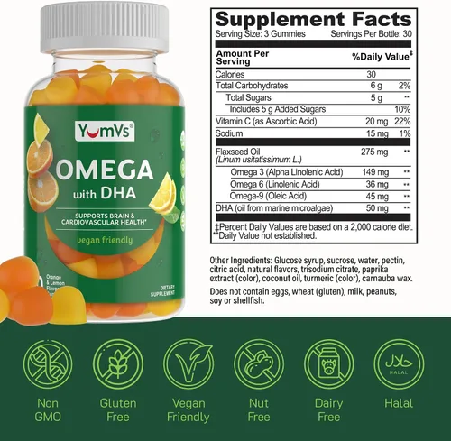 Miniatura 2 de Gomitas veganas de suplemento Omega 3 - Aceite de algas DHA vegano a base de plantas - Alternativa de aceite de pescado con linaza y algas - Sin