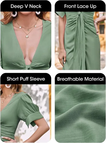Miniatura 5 de Fisoew Vestido de verano con botones para mujer, vestido largo de manga corta abombada, cuello en V profundo, vestido largo