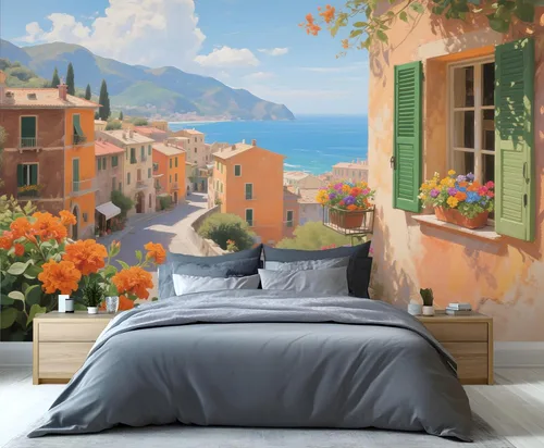 Miniatura 10 de Papel tapiz 3D de bicicleta rosa vintage, murales de flores de paisaje de primavera para sala de estar, pintura al óleo, papel tapiz rústico