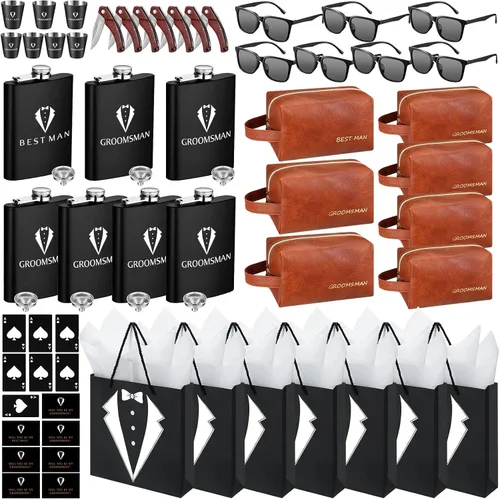 Miniatura 8 de 20 piezas de regalos para padrinos de novio, caja de propuesta con matracas, gafas de sol, bolsa de aseo de cuero PU, abridor de botellas