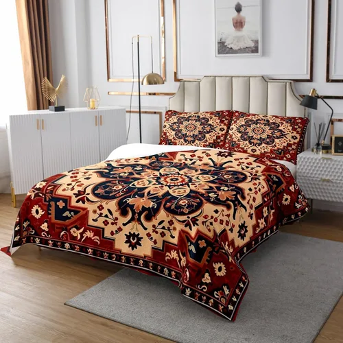 Miniatura 3 de Erosebridal Juego de ropa de cama Art Déco, juego de colcha de medallón oriental escarlata, juego de edredón de mandala hippie tradicional, vintage