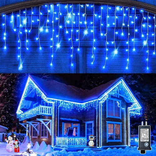 Miniatura 16 de Luces de Navidad de carámbano para exteriores, 66 pies, 640 luces LED de Navidad azules y blancas, 8 modos con 120 gotas, luz de carámbano