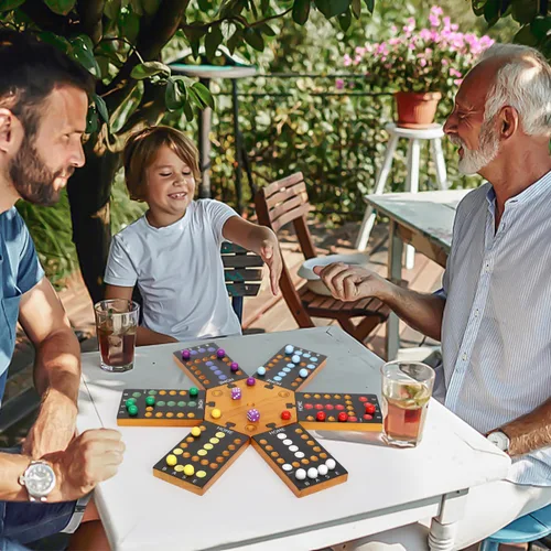 Miniatura 6 de Juego de mesa de mármol, juego de mesa de madera para 4 y 6 jugadores, juego de mármol original portátil con 24 canicas, 12 dados para familiares