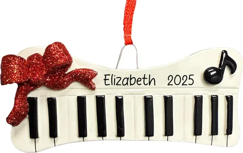 Miniatura 12 de Adorno navideño personalizado de instrumento musical de piano 2026 – Personalización gratuita Piano con clave de agudos con purpurina y cinta