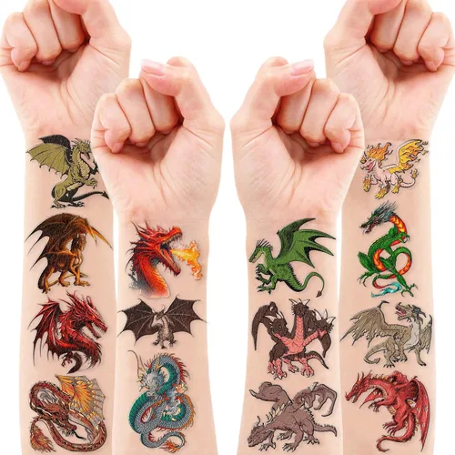 Miniatura 9 de 96 piezas de tatuajes temporales precortados de dragón, suministros de fiesta de cumpleaños, decoraciones de caballero dragón, tatuajes falsos súper