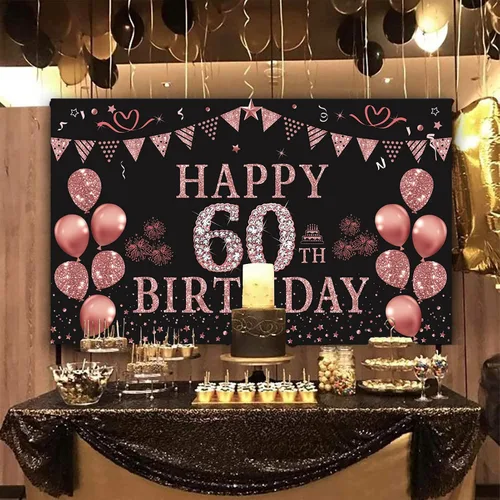 Miniatura 7 de Trgowaul Decoraciones de cumpleaños número 60 para mujer, pancarta de fondo de cumpleaños de oro rosa, 5.9 x 3.6 pies, suministros de fotografía