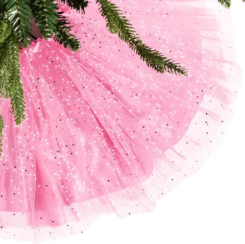 Skylety Falda de árbol para el día de San Valentín de 48 pulgadas, falda redonda de tul con volantes y lentejuelas de doble capa para Año Nuevo, Rosa